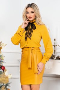 Fusta InPuff conica mustar din piele ecologica vatuita cu cordon in talie