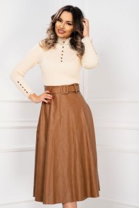 Fusta dama midi camel in clos din piele ecologica si curea in talie