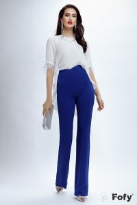 Pantaloni evazati eleganti Fofy albastri cu betelie petrecuta
