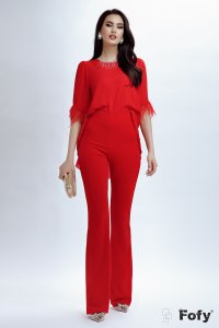 Pantaloni evazati eleganti Fofy rosii cu betelie petrecuta