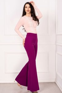 Pantaloni evazati eleganti InPuff magenta cu pliuri in talie