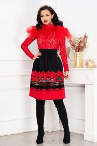 Bluza din dantela Venezia rosie cu guler amplu si volane la umeri