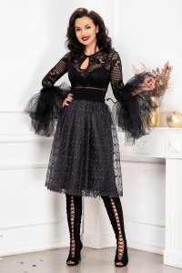 Bluza eleganta Venezia neagra din dantela cu maneci clopot