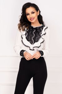 Bluza eleganta Venezia alba cu platca dantelata si volanas