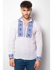 Ie Nationala Barbat Din Bumbac Alb cu Model Traditional