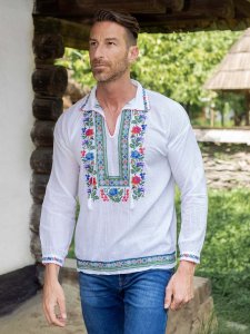 Ie Nationala Barbat din Bumbac Alb cu Model Traditional