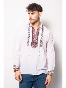 Bluza barbat tip ie din bumbac alb cu model traditional