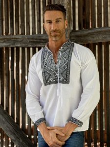 Ie Nationala Barbat Din Bumbac Alb cu Model Traditional Negru