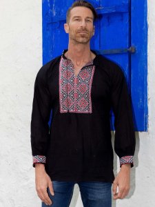 Bluza barbat tip ie din bumbac neagra cu model traditional