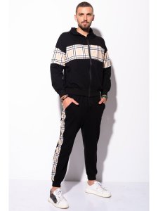 Trening barbat oversize din bumbac negru cu insertii in carouri