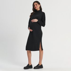 Rochie midi cu guler înalt MAMĂ - Negru