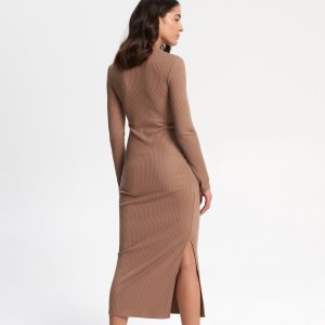 Rochie midi cu despicătură - Bej