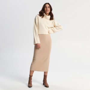 Fustă midi cu despicătură - Bej