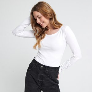 Tricou basic cu mânecă lungă, cu conținut ridicat de bumbac - Ivory