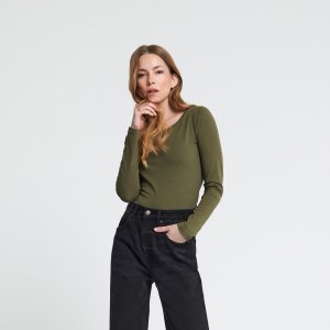 Tricou basic cu mânecă lungă, cu conținut ridicat de bumbac - Kaki