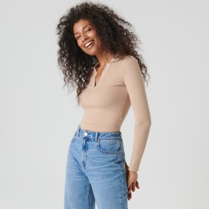 Tricou cu mânecă lungă din tricot striat - Bej