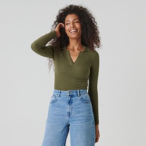 Tricou cu mânecă lungă din tricot striat - Kaki