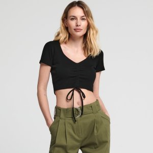 Crop top cu șnur decorativ - Negru