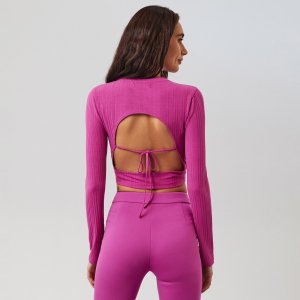 Top scurt din tricot striat - Violet