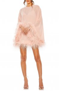 Long Sleeve Feather Trim Trapeze Minidress