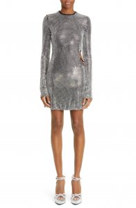 Cutout Long Sleeve Crystal Mesh Minidress