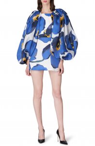 Floral Balloon Long Sleeve Silk Minidress
