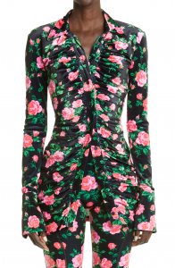 Floral Ruched Long Sleeve Stretch Velour Minidress