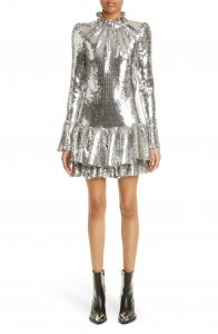 Sequin Mock Neck Flare Cuff Long Sleeve Minidress