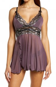 Metallic Lace Trim Babydoll Chemise & Thong