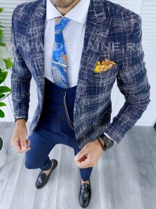 Sacou barbati in carouri slim fit bleumarin B5303 85-4 E