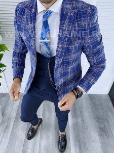 Sacou barbati in carouri slim fit albastru B5311 78-4 E