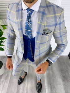 Costum barbati slim fit + Vesta albastra B5382