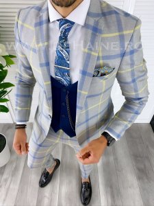 Costum barbati slim fit + Vesta bleumarin B5385