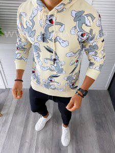 Hanorac barbati slim fit bej cu imprimeu K247 80-2.2