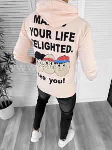 Hanorac barbati roz pudra cu imprimeu pe spate slim fit K054 39-3