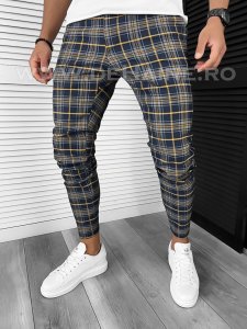 Pantaloni barbati casual regular fit bleumarin in carouri B7846 3-4 E