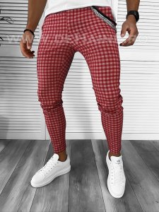 Pantaloni barbati casual regular fit rosii in carouri B1855 154-7 e B6-4.1