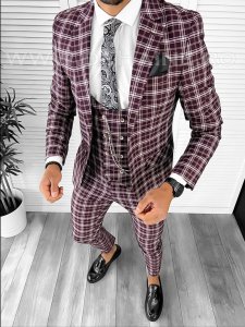 Costum barbati slim fit grena in carouri B7916 45-3 E 