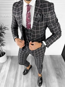 Costum barbati slim fit negru in carouri B7916 47-4 E