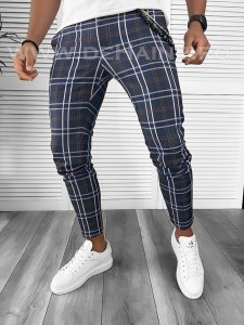 Pantaloni barbati casual regular fit bleumarin in carouri B7948 F6-4.3 E 1-4 