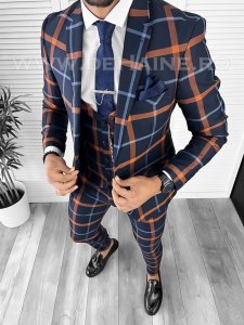 Costum barbati slim fit bleumarin in carouri B7956 47-5 E