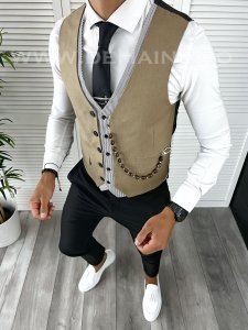 Vesta barbati eleganta slim fit maro deschis V14 E 142-3