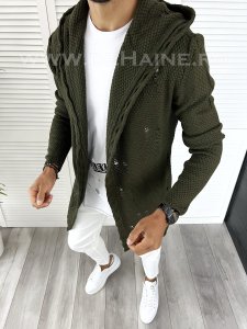Cardigan barbati kaki cu gluga slim fit ZR T3559 K15