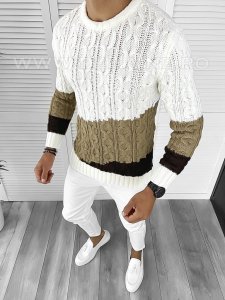 Pulover barbati gros slim fit alb T3612 100-2