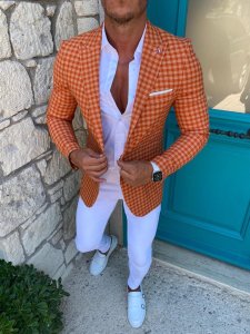 Sacou barbati portocaliu in carouri slim fit B9977 E