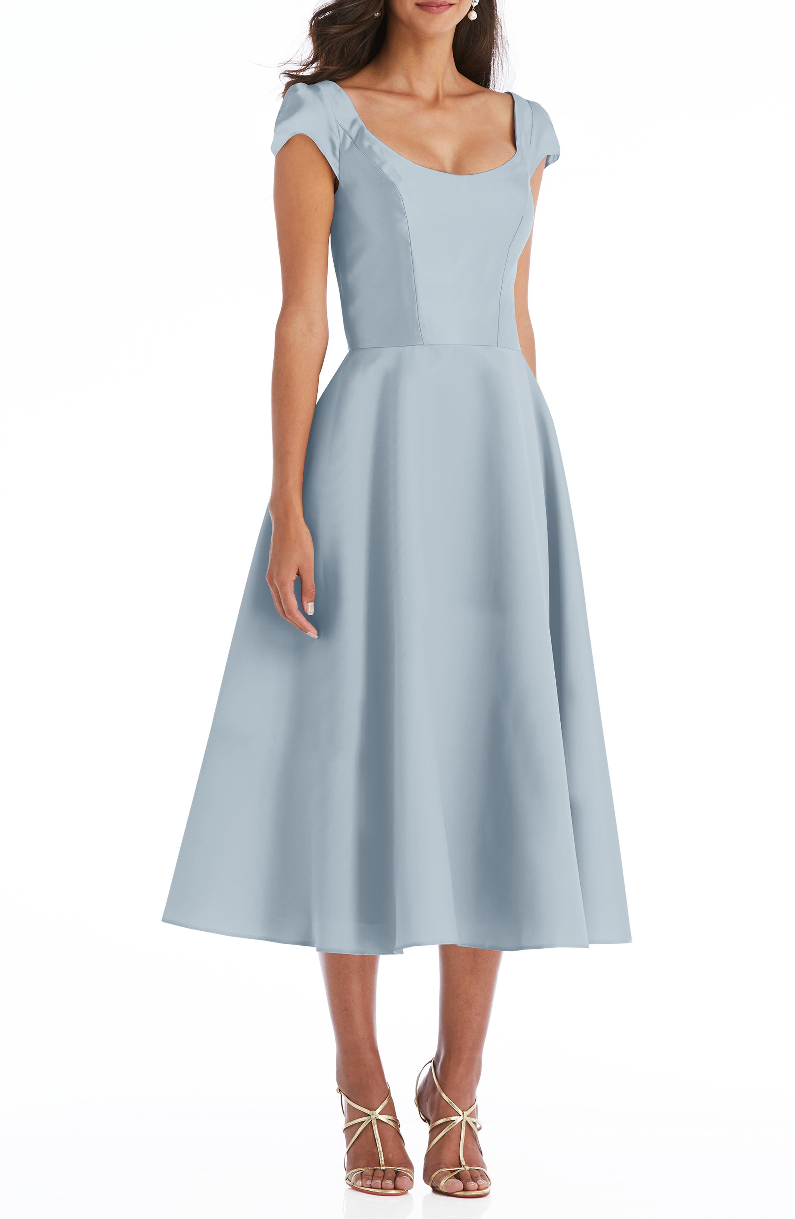 Cap Sleeve Full Skirt Satin Midi Cocktail Dress Profile Picture